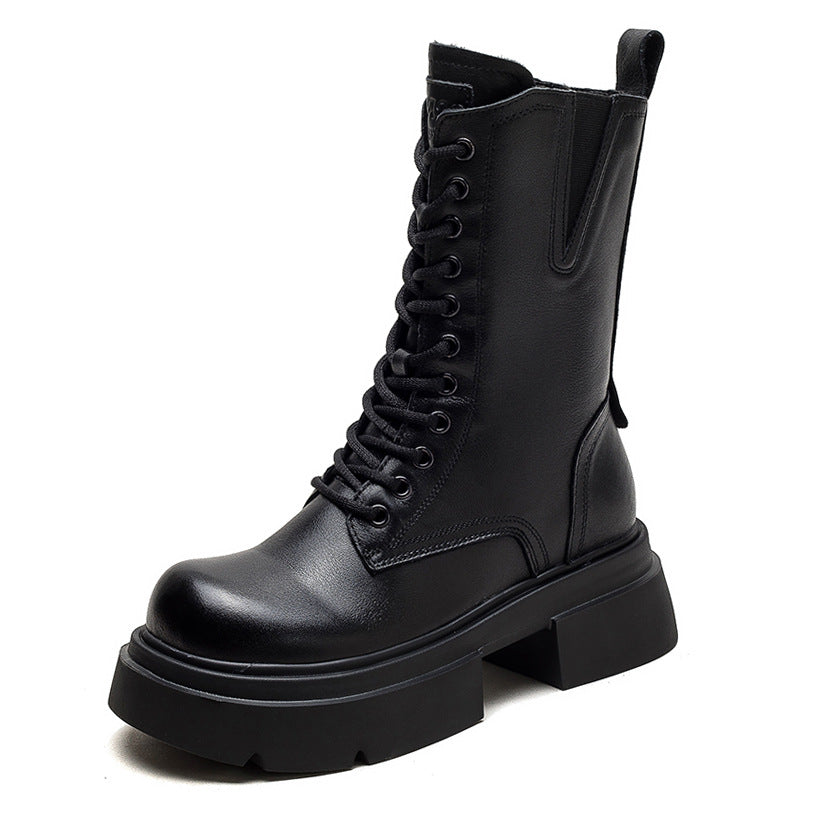 Women Retro Classic Leather Platform Mid-Calf Boots-RAIIFY