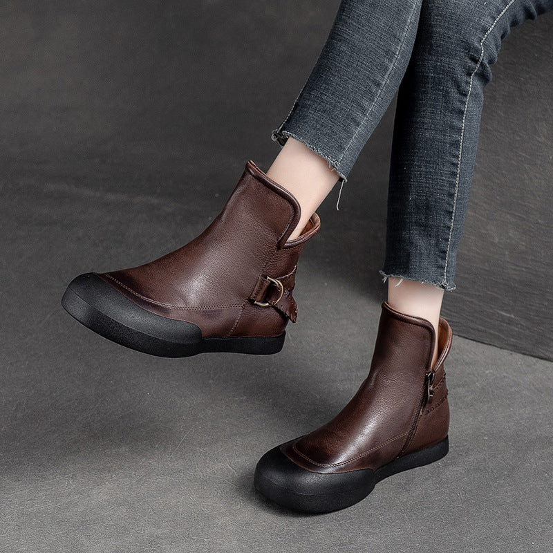 Women Retro Minimalist Leather Flat Casual Ankle Boots-RAIIFY