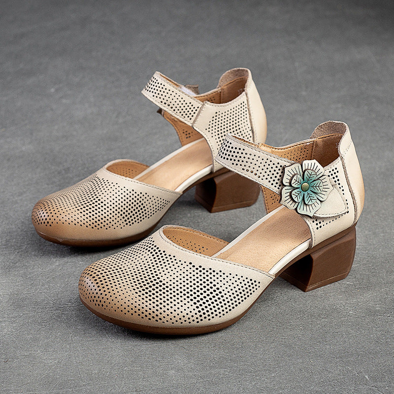 Women Summer Retro Velcro Leather Chunky Pumps-RAIIFY