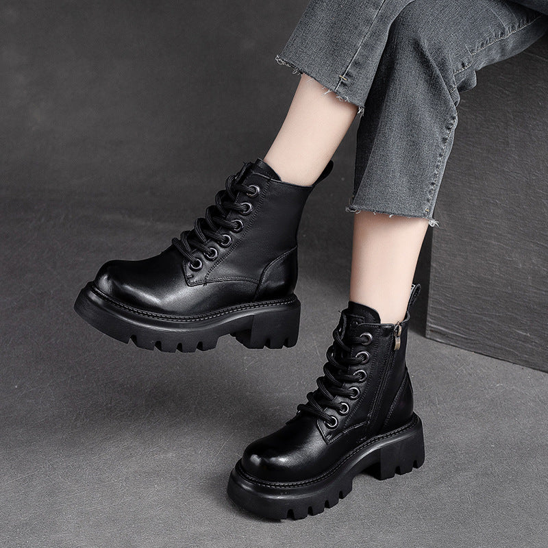 Women Retro Minimalist Classic Leather Lug Sole Boots-RAIIFY