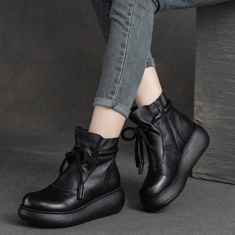 Women Retro Leather Minimalist Chunky Platform Boots-RAIIFY