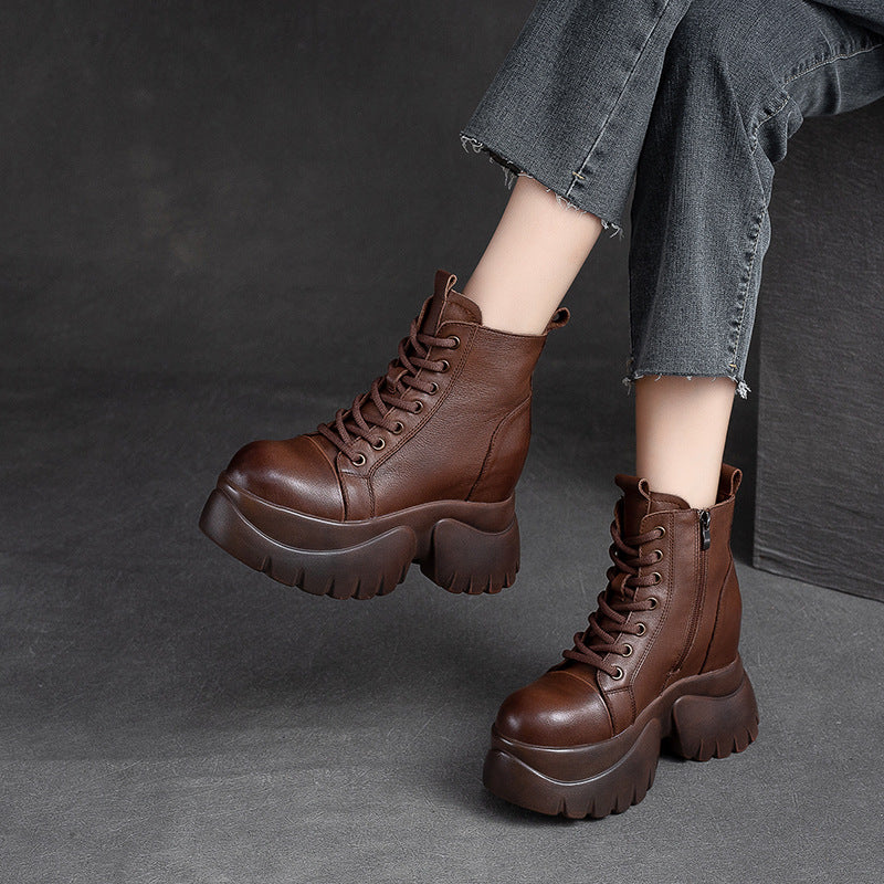Women Retro Leather Minimalist Chunky Platform Boots-RAIIFY