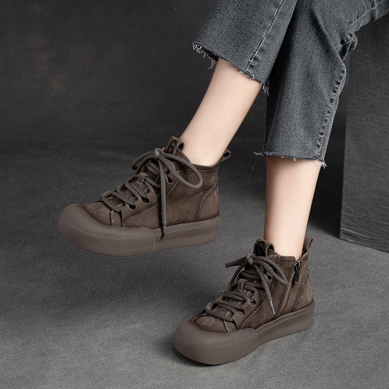 Women Retro Solid Leather Flat Casual Boots-RAIIFY