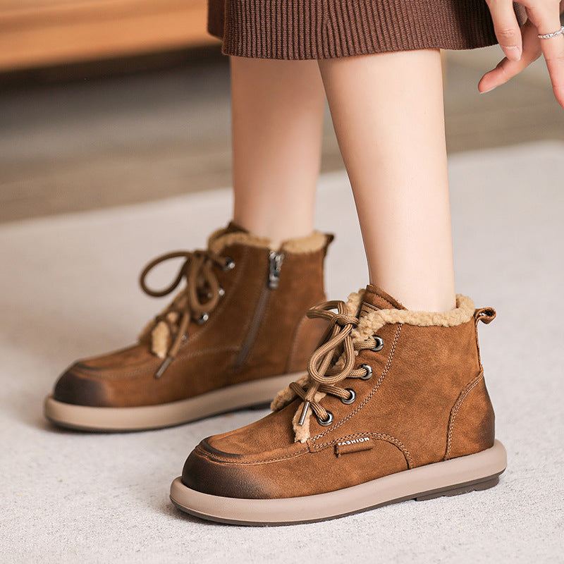 Women Retro Patchwork Leather Flat Winter Furred Boots-RAIIFY