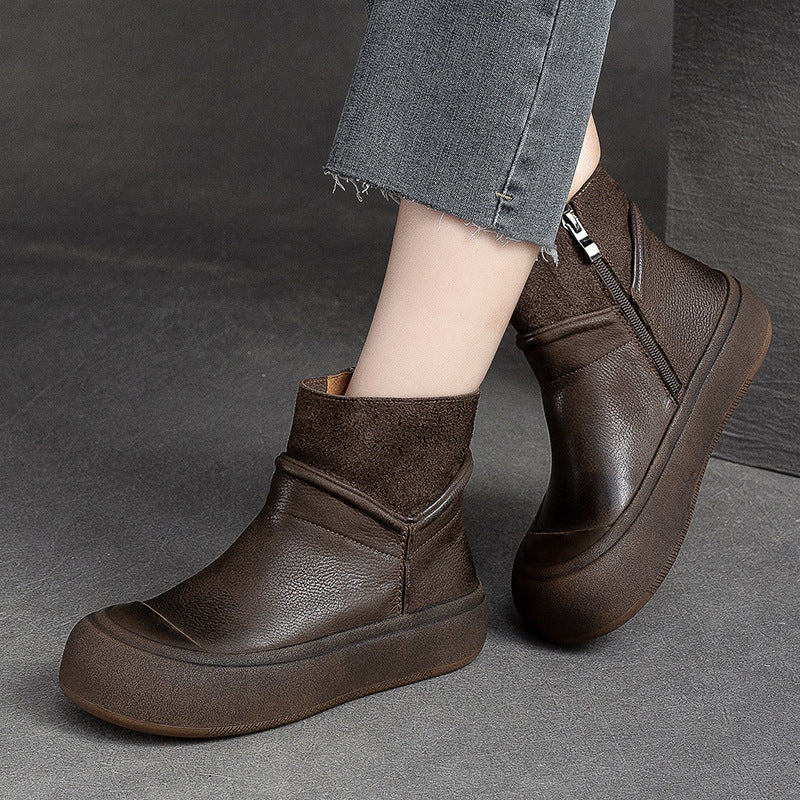 Women Retro Patchwork Leather Flat Ankle Boots-RAIIFY
