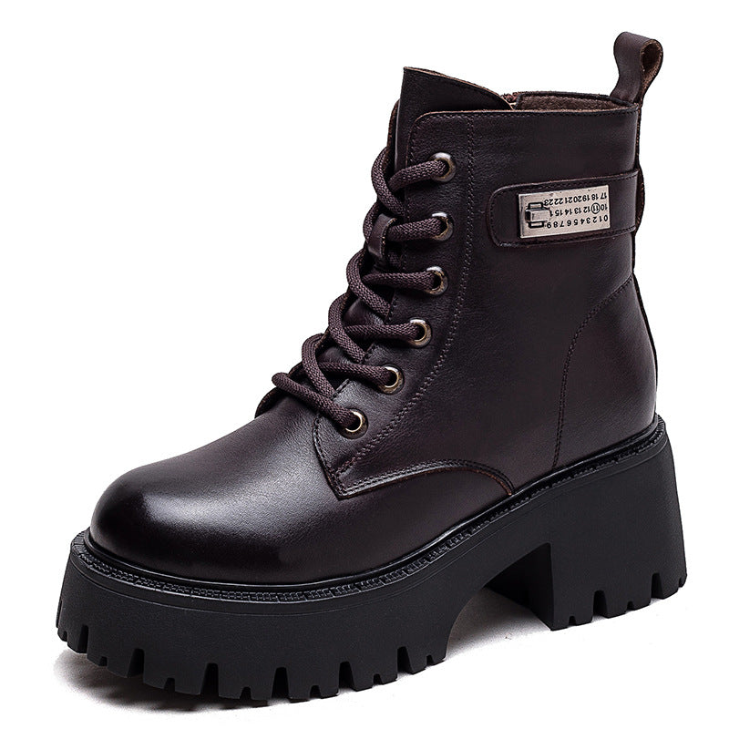 Women Leather Furred Chunky Platform Winter Boots-RAIIFY