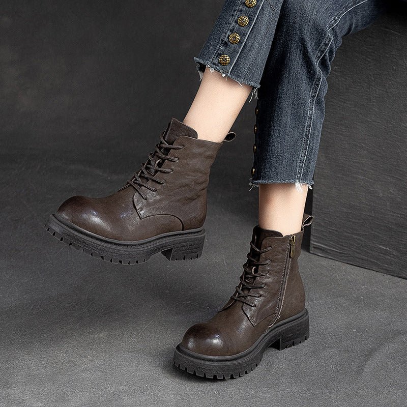 Women Retro Patchwork Leather Handmade Casual Boots-RAIIFY