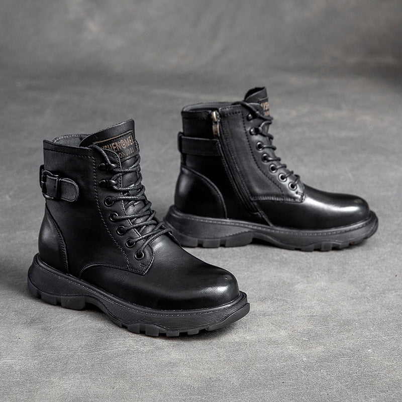 Women Retro Leather Flat Thick Soled Casual Boots-RAIIFY