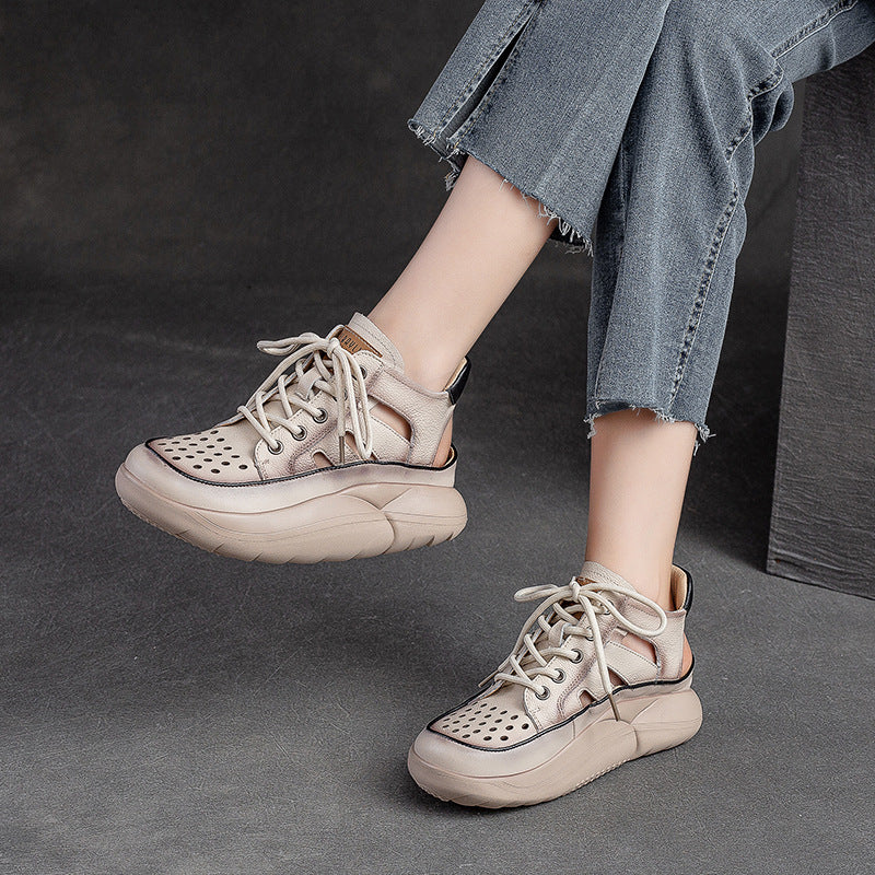 Women Summer Hollow Soft Leather Ankle Boots-RAIIFY