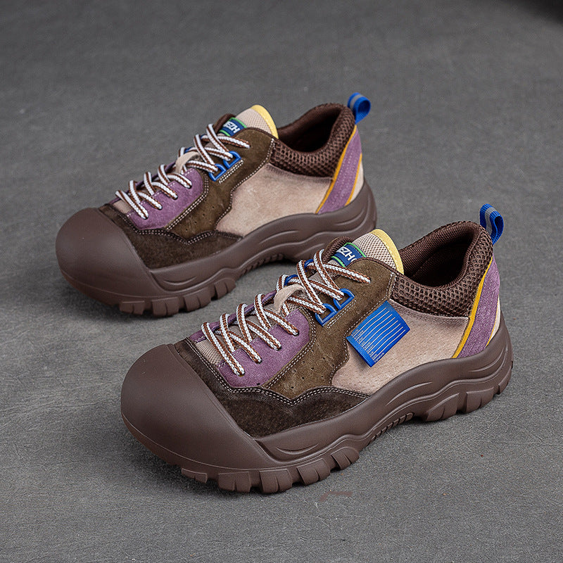 Women Color Matching Leather Thick Soled Casual Shoes-RAIIFY