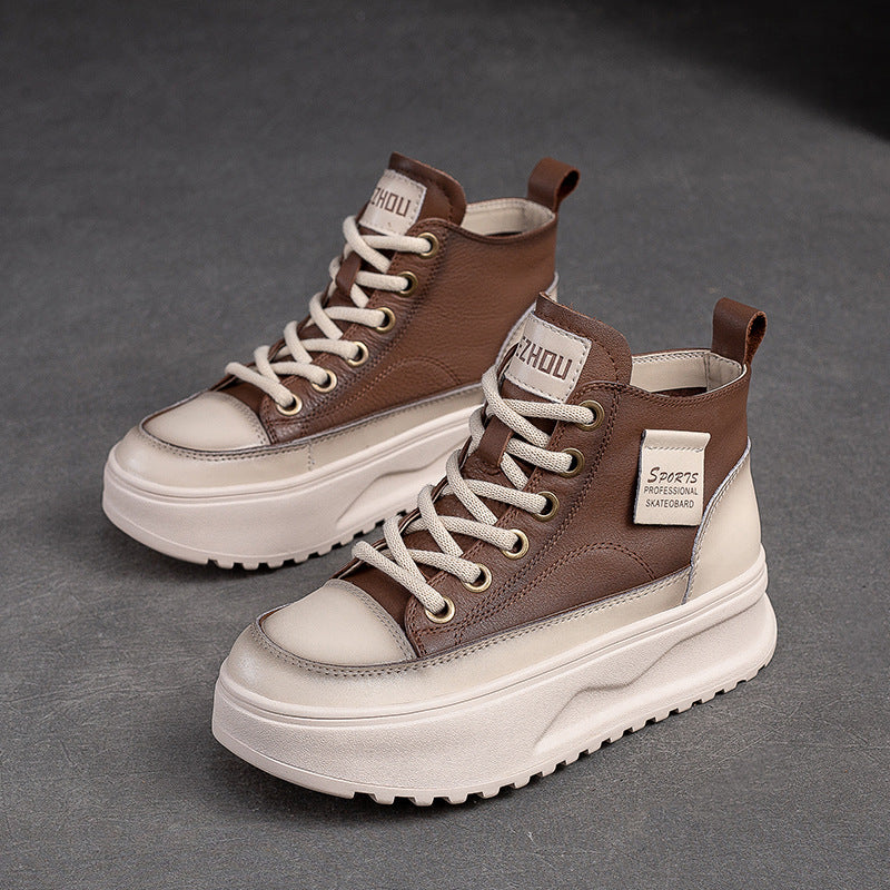 Women Fashion Leather Thick Soled High Top Skate Shoes-RAIIFY