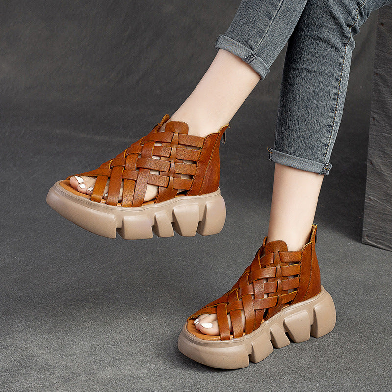 Women Summer Plaited Leather Retro Casual Sandals-RAIIFY