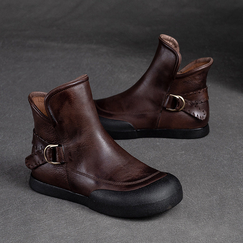 Women Retro Minimalist Leather Flat Casual Ankle Boots-RAIIFY