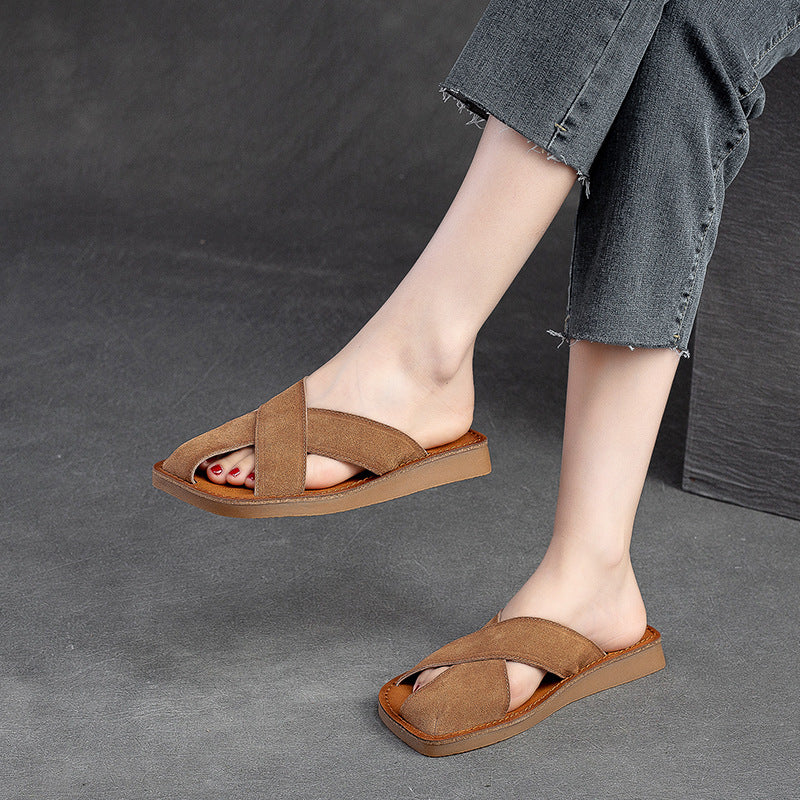 Women Retro Leather Flat Casual Slides-RAIIFY
