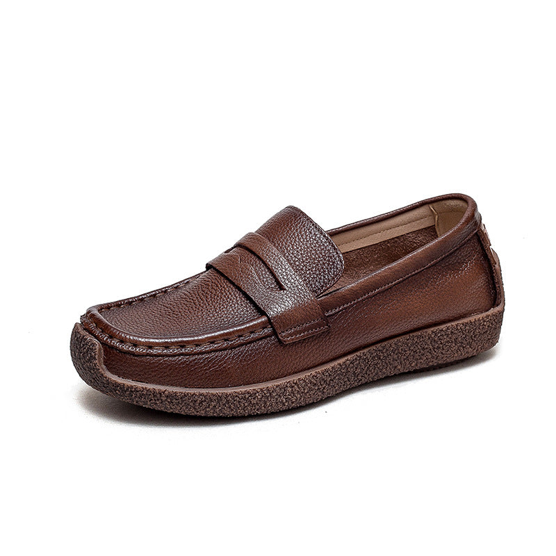 Women Retro Solid Leather Flat Casual Loafers-RAIIFY
