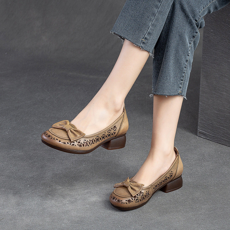 Women Summer Hollow Leather Low Chunky Heel Pumps-RAIIFY