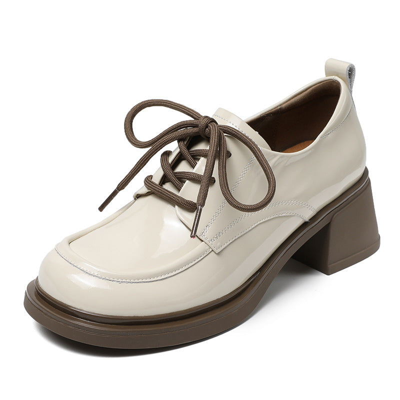 Women Minimalist Soft Glossy Leather Chunky Heel Shoes-RAIIFY