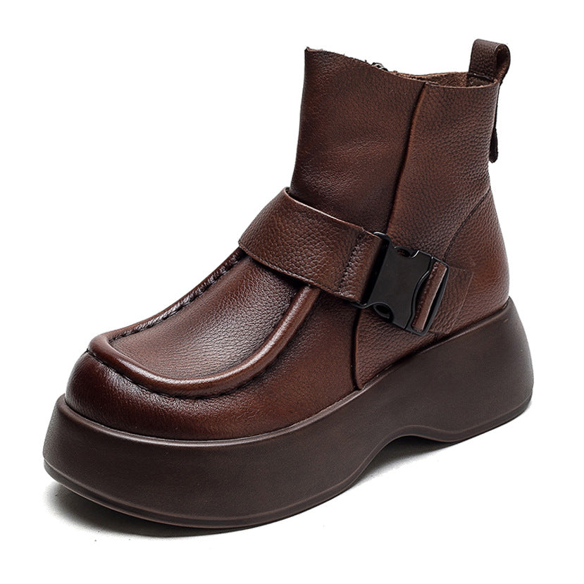Women Retro Minimalist Leather Platform Boots-RAIIFY