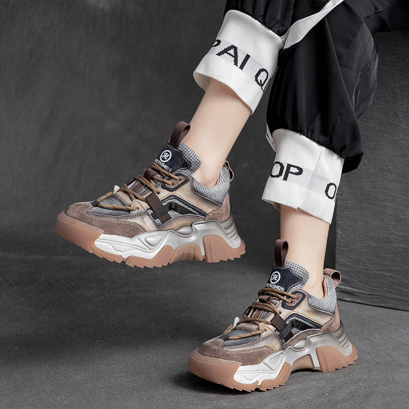 Women Retro Patchwork Leather Thick Soled Dad Sneakers-RAIIFY