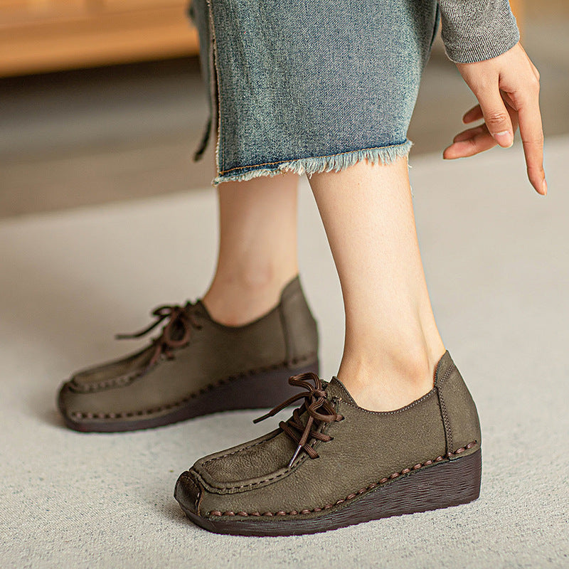Women Retro Leather Square Head Low Wedge Shoes-RAIIFY