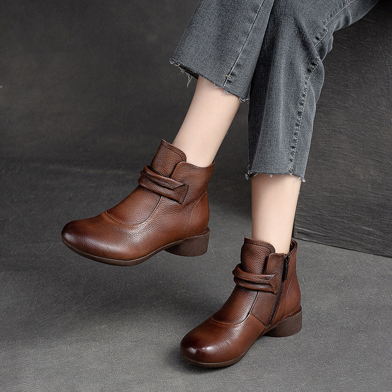 Women Retro Leather Low Heel Ankle Boots-RAIIFY