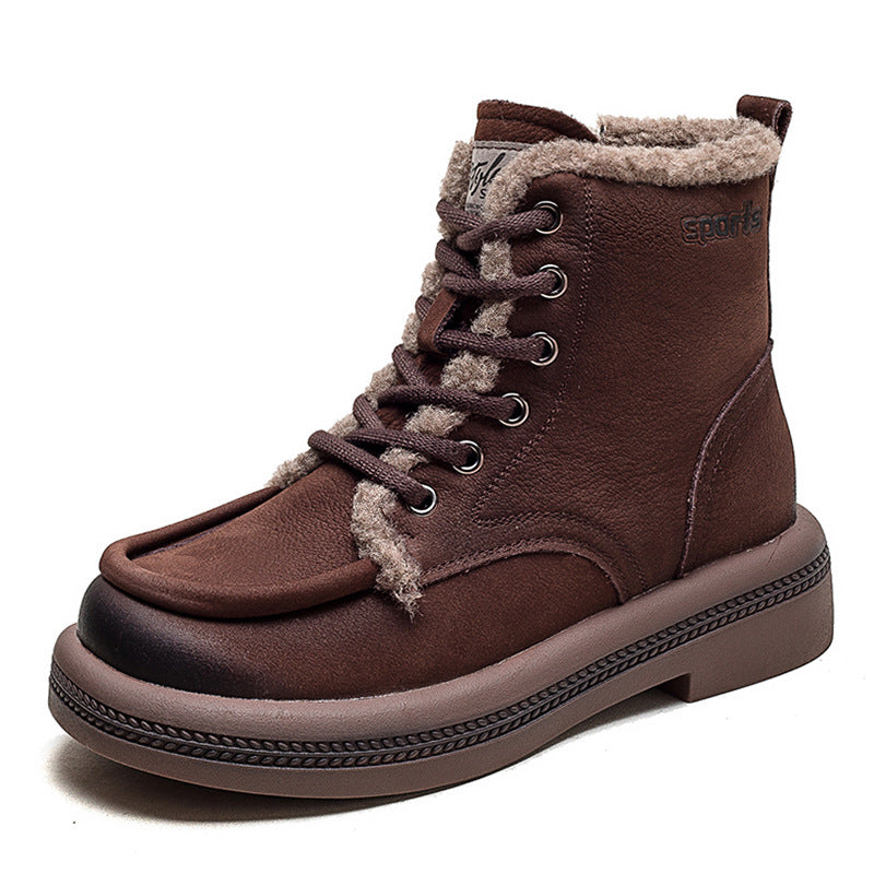 Women Leather Soft Furred Flat Snow Boots-RAIIFY