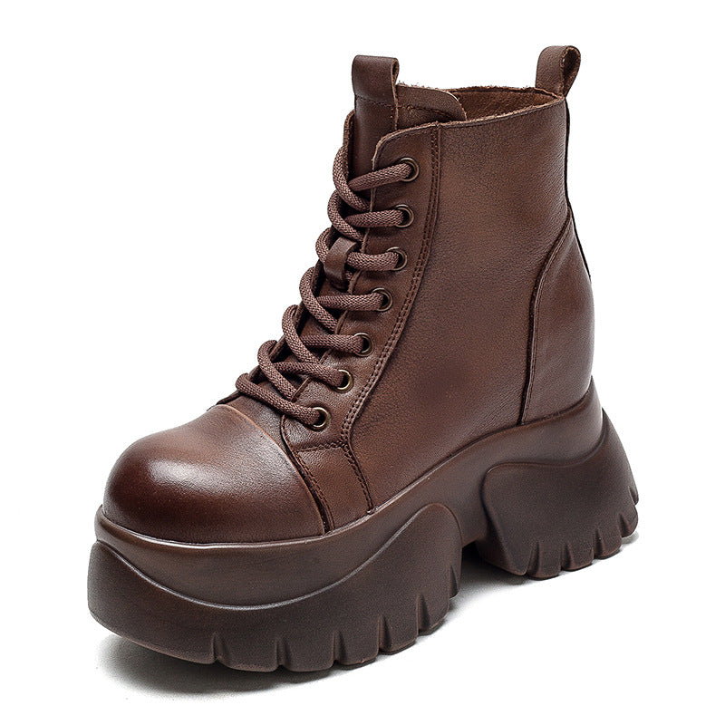 Women Retro Leather Minimalist Chunky Platform Boots-RAIIFY