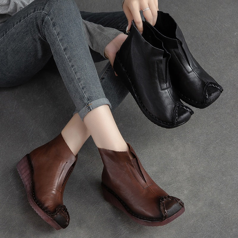 Women Retro Low Wedge Leather Ankle Boots-RAIIFY