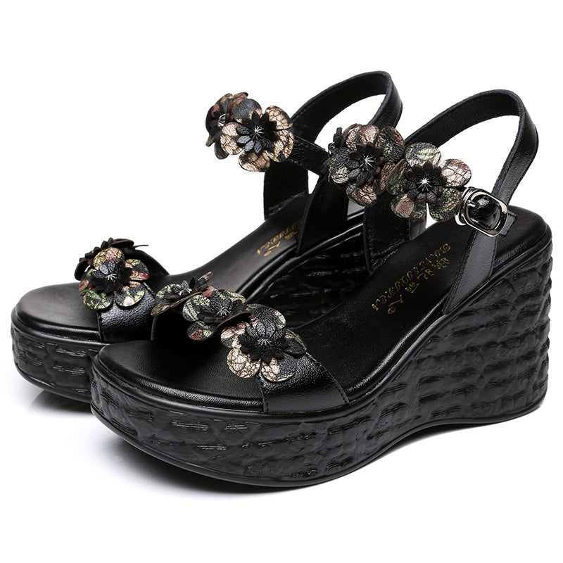 Women Retro Floral Leather Wedge Sandals-RAIIFY