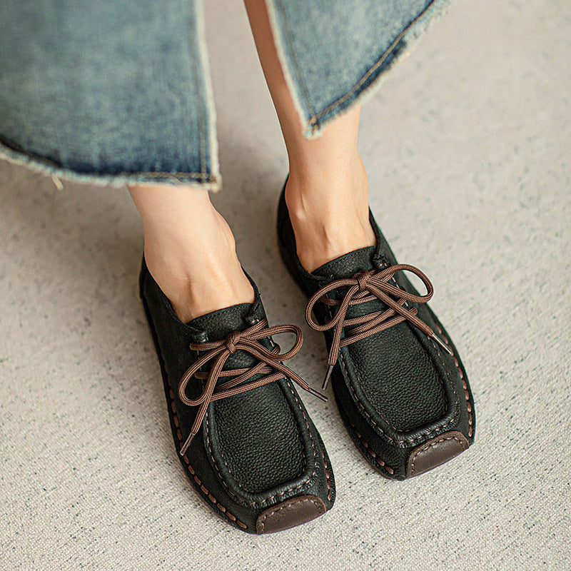 Women Retro Leather Square Head Low Wedge Shoes-RAIIFY