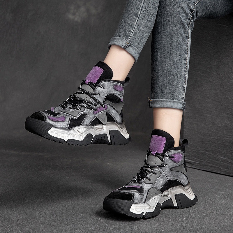 Women Retro Fashion Patchwork Leather Casual Boots-RAIIFY