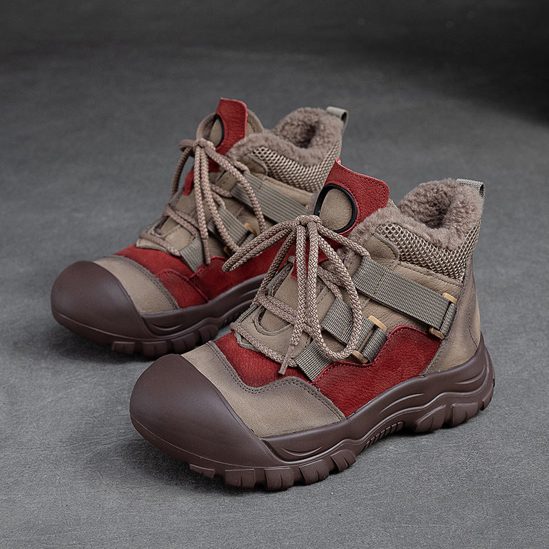 Women Retro Patchwork Leather Winter Furred Ankle Boots-RAIIFY