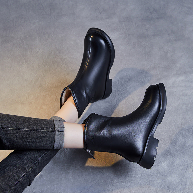 Women Minimalist Leather Woolen Furred Snow Boots-RAIIFY