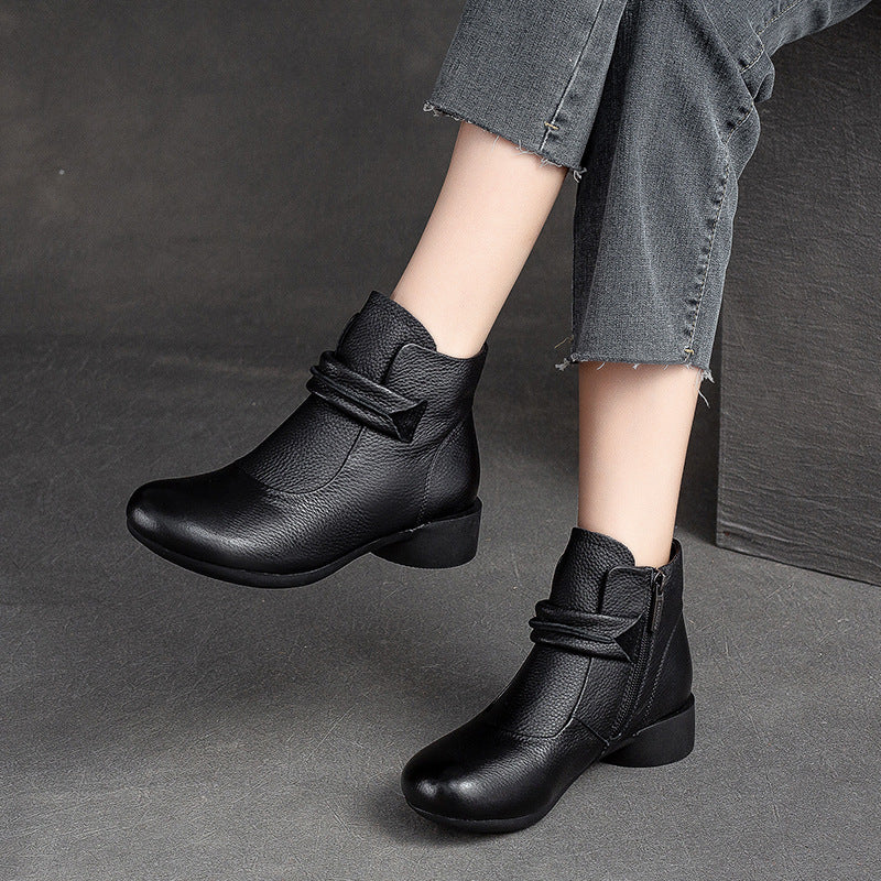 Women Retro Leather Low Heel Ankle Boots-RAIIFY