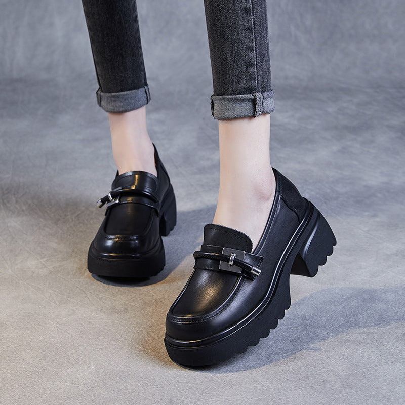 Women Retro Leather Casual Chunky Platform Loafers-RAIIFY