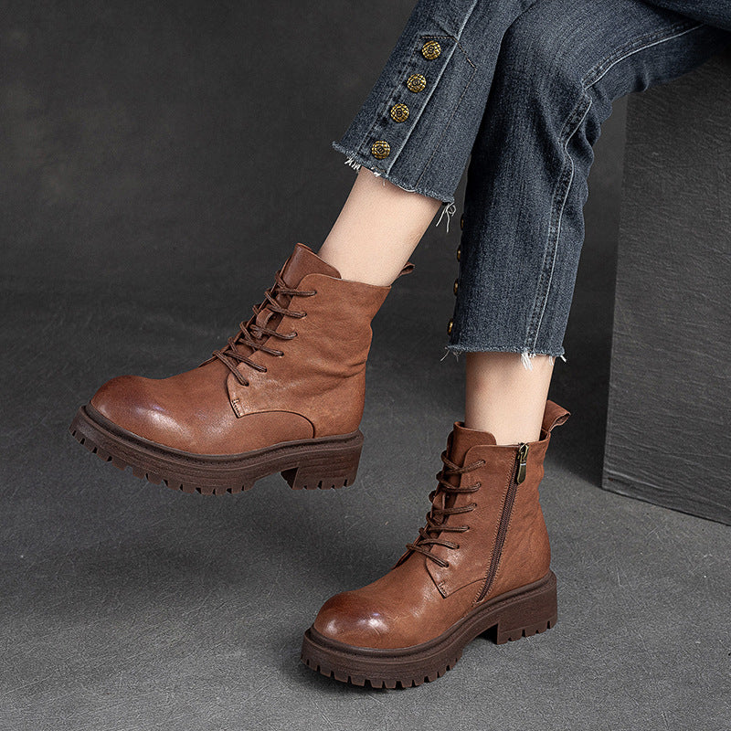 Women Retro Patchwork Leather Handmade Casual Boots-RAIIFY