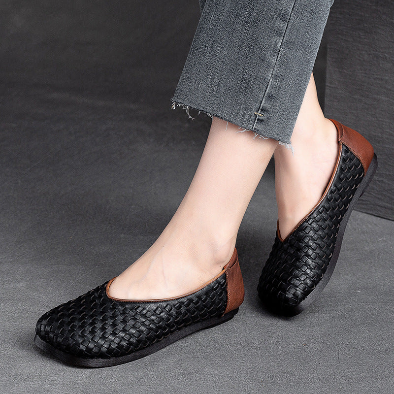 Women Retro Plaited Leather Patchwork Flats-RAIIFY