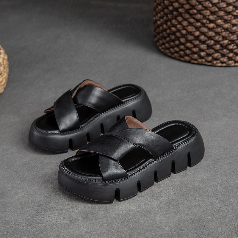 Women Retro Plaited Soft Leather Platform Slide Sandals-RAIIFY