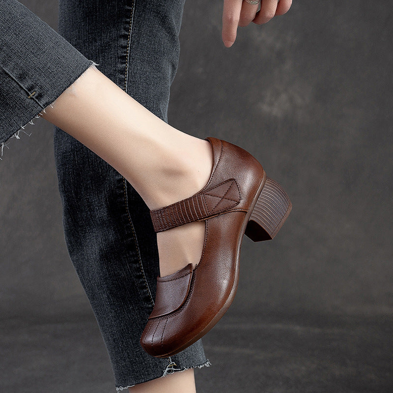 Women Retro Leather Velcro Chunky Heels Pumps-RAIIFY