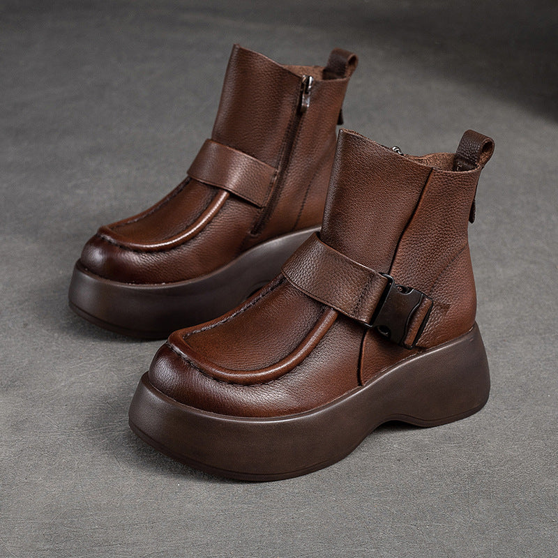 Women Retro Minimalist Leather Platform Boots-RAIIFY