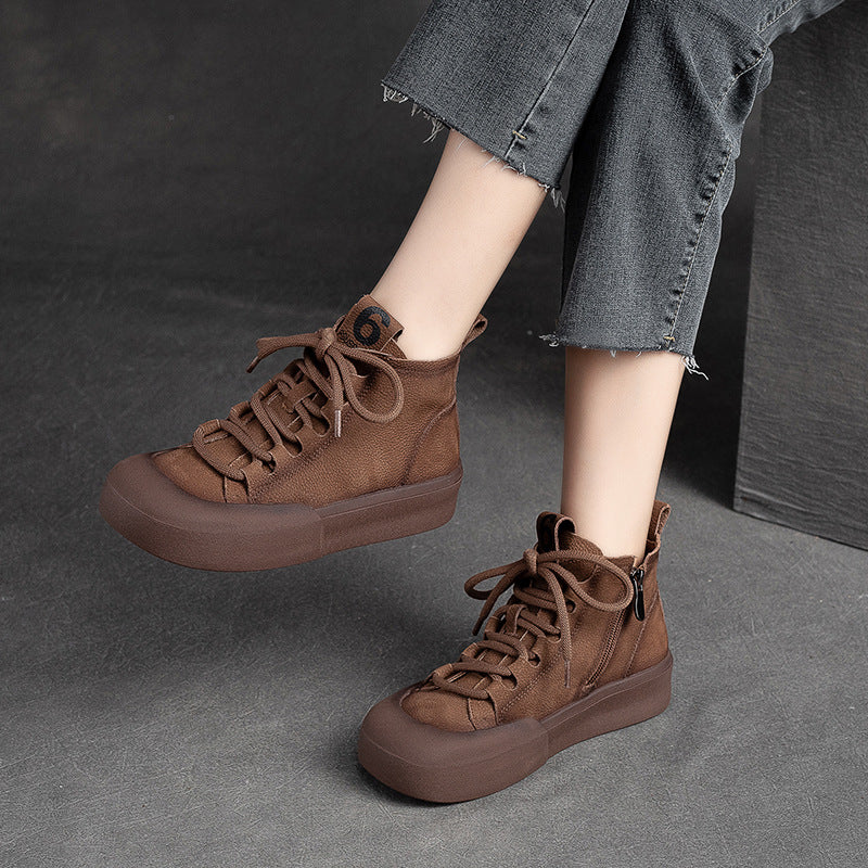 Women Retro Solid Leather Flat Casual Boots-RAIIFY