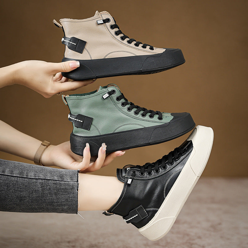 Women Autumn Leather Low Platform Ankle Boots-RAIIFY