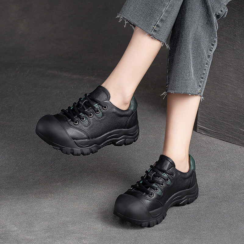 Women Retro Minimalist Leather Round Head Casual Shoes-RAIIFY