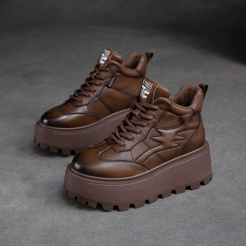 Women Minimalist Cowhide Chunky Platform Casual Shoes-RAIIFY