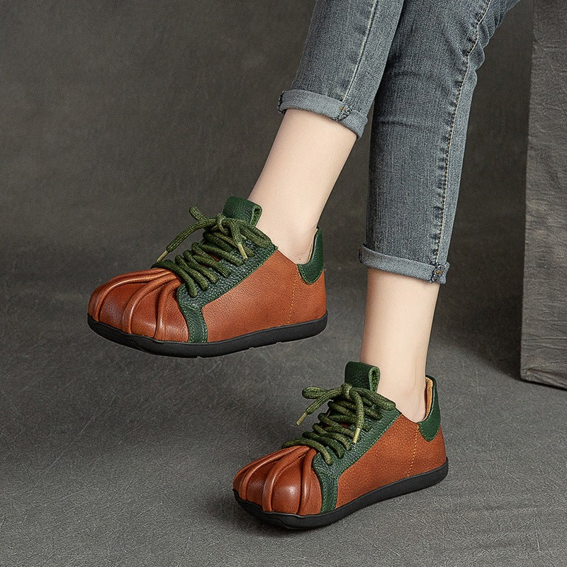 Women Retro Patchwork Leather Flat Casual Shoes-RAIIFY