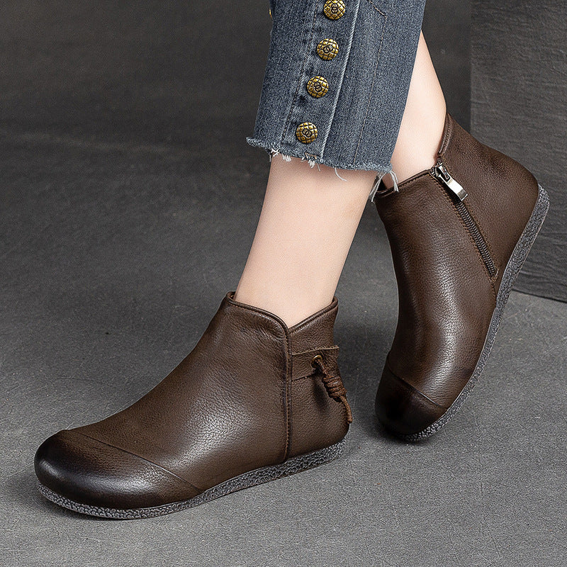 Women Retro Minimalist Leather Soft Flat Ankle Boots-RAIIFY
