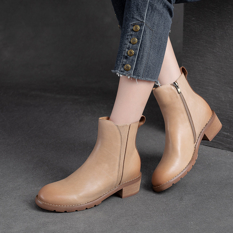Women Minimalist Leather Casual Chunky Heel Boots-RAIIFY