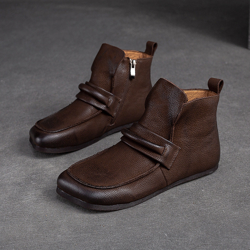 Women Retro Casual Leather Minimalist Flat Ankle Boots-RAIIFY