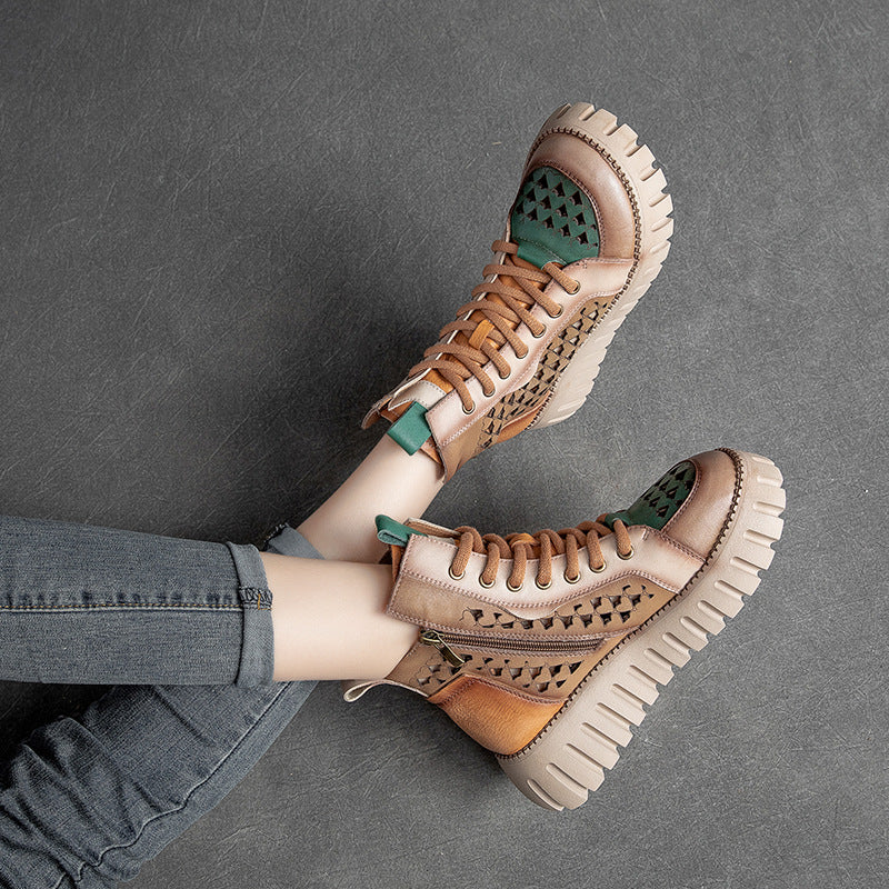 Women Spring Leahter Hollow Out Spliced Boots