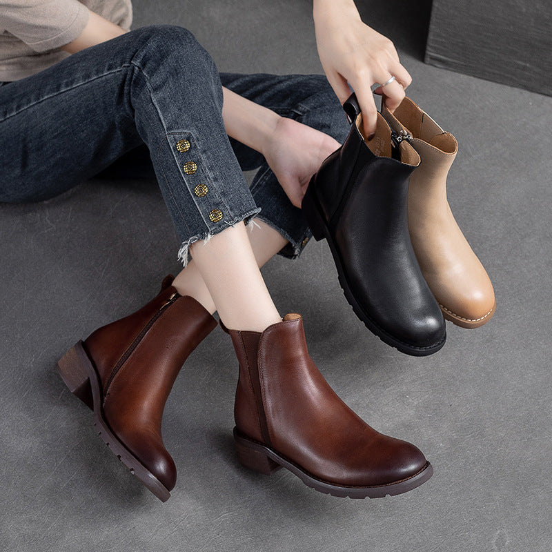 Women Minimalist Leather Casual Chunky Heel Boots-RAIIFY